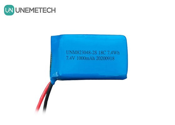 2S उच्च डिस्चार्ज दर लिपो बैटरी / 18C लिथियम पॉलिमर बैटरी 7.4v 1000mah 823048
