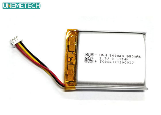 3.7V 950mAh 803040 पॉलीमर लिथियम आयन बैटरी मोलेक्स51021-3P के साथ आउटडोर इलेक्ट्रॉनिक्स के लिए